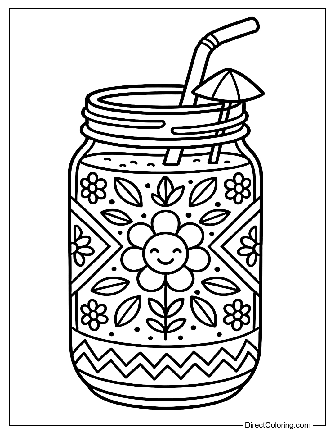 Coloring page of a smoothie cup in a glass jar, decorated with unique patterns.